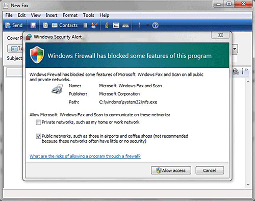 Windows Fax, Setup, Allow Windows Firewall